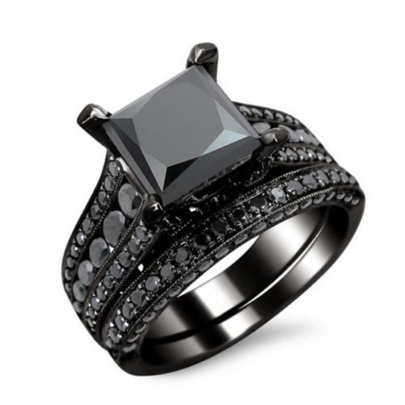 Jewelry | New 2pc Set Black Engagement Wedding Ring | Poshmark